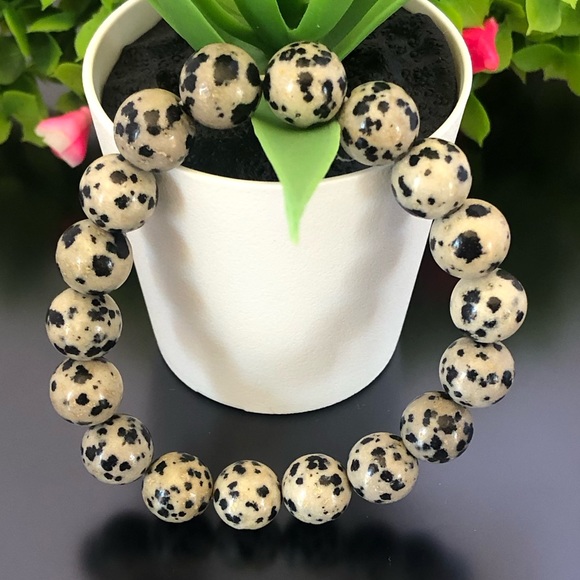 Dalmatian Jasper 10mm Natural Stone Beads Stretchable Bracelet - Picture 1 of 2